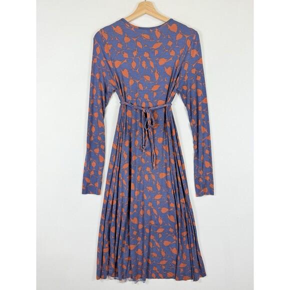 Rachel Palley Womens Large Blue Orange Leaves Pattern Long Sleeve Plunge Dress - Picture 6 of 8